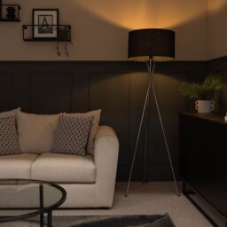 ValueLights Camden Polished Chrome Tripod Floor Lamp with Black Drum Shade & Bulb