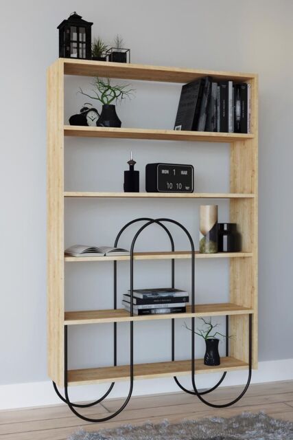 FWStyle 5 Shelf Modern Shelving Display Unit Natural Oak Curved Metal Frame in Brown - image 1