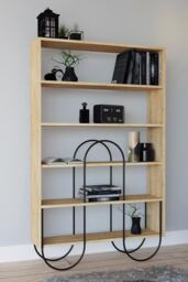 FWStyle 5 Shelf Modern Shelving Display Unit Natural Oak Curved Metal Frame in Brown
