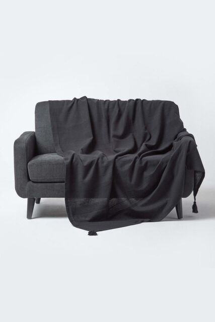 Homescapes Cotton Rajput Ribbed Throw in Black - Size: 150 cm x 200 cm - image 1