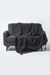 Homescapes Cotton Rajput Ribbed Throw in Black - Size: 150 cm x 200 cm - thumbnail 1