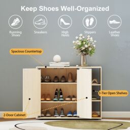 Costway 3-Tier Shoe Storage Rack Shoe Cabinet with Doors in Natural - thumbnail 6