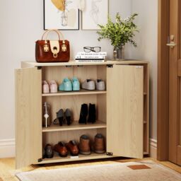 Costway 3-Tier Shoe Storage Rack Shoe Cabinet with Doors in Natural - thumbnail 1