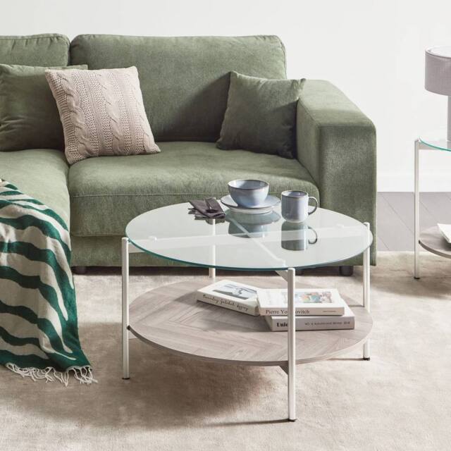 Wyld and Coco Silver Round Coffee Table Tempered Glass Top and Light Wood Shelf 80cm - image 1