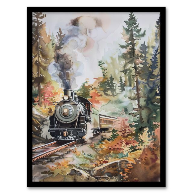 "Artery8 Locomotive Train on Autumn Forest Railway Track Framed Art Print in Brown - Size: W12"" x H16""" - image 1