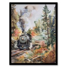 "Artery8 Locomotive Train on Autumn Forest Railway Track Framed Art Print in Brown - Size: W12"" x H16""" - thumbnail 1