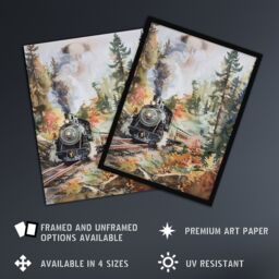 "Artery8 Locomotive Train on Autumn Forest Railway Track Framed Art Print in Brown - Size: W12"" x H16""" - thumbnail 2