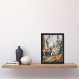 "Artery8 Locomotive Train on Autumn Forest Railway Track Framed Art Print in Brown - Size: W12"" x H16""" - thumbnail 4