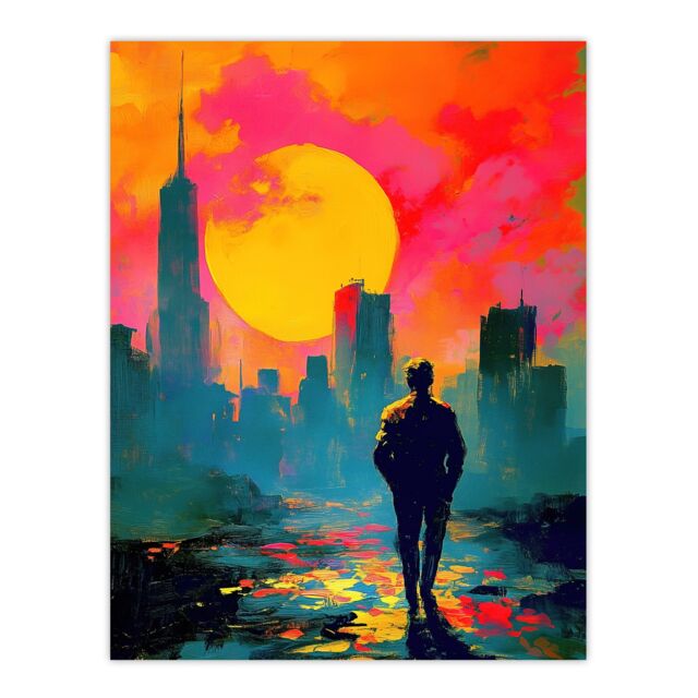 "Artery8 Lone Walker Vibrant Sunset Abstract Cityscape Wall Art Print in Orange - Size: W24"" x H32""" - image 1