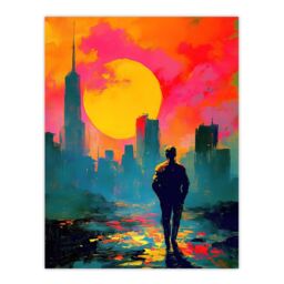 "Artery8 Lone Walker Vibrant Sunset Abstract Cityscape Wall Art Print in Orange - Size: W24"" x H32""" - thumbnail 1