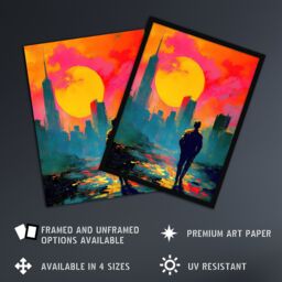 "Artery8 Lone Walker Vibrant Sunset Abstract Cityscape Wall Art Print in Orange - Size: W24"" x H32""" - thumbnail 2