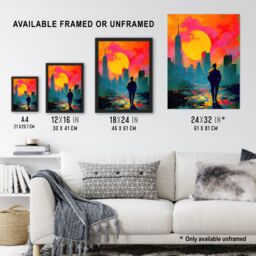 "Artery8 Lone Walker Vibrant Sunset Abstract Cityscape Wall Art Print in Orange - Size: W24"" x H32""" - thumbnail 3