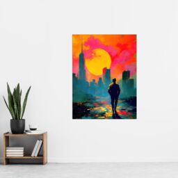 "Artery8 Lone Walker Vibrant Sunset Abstract Cityscape Wall Art Print in Orange - Size: W24"" x H32""" - thumbnail 4