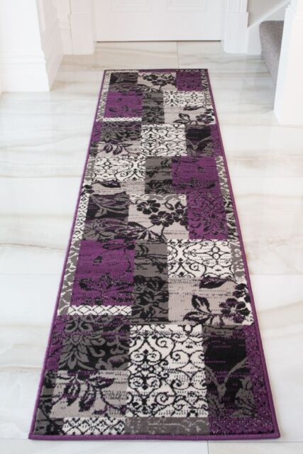 Kukoon Runner Rug Purple Black Grey Traditional Patchwork Long Hallway Rugs - Size: 60 cm x 240 cm - image 1