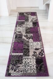 Kukoon Runner Rug Purple Black Grey Traditional Patchwork Long Hallway Rugs - Size: 60 cm x 240 cm - thumbnail 1