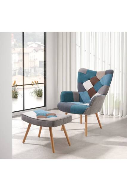 Living and Home Multicoloured Upholstered Wingback Armchair with Footstool - image 1