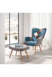 Living and Home Multicoloured Upholstered Wingback Armchair with Footstool - thumbnail 1
