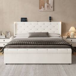 BTM Ottoman Velvet Storage Bed with USB & Reading Light in Light Beige - Size: King - thumbnail 5
