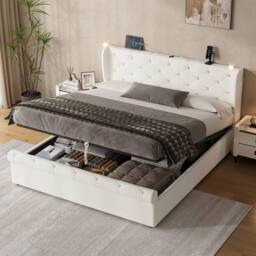 BTM Ottoman Velvet Storage Bed with USB & Reading Light in Light Beige - Size: King - thumbnail 4
