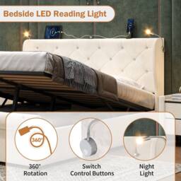 BTM Ottoman Velvet Storage Bed with USB & Reading Light in Light Beige - Size: King - thumbnail 6