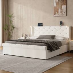 BTM Ottoman Velvet Storage Bed with USB & Reading Light in Light Beige - Size: King - thumbnail 3