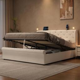 BTM Ottoman Velvet Storage Bed with USB & Reading Light in Light Beige - Size: King - thumbnail 2