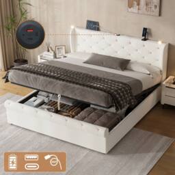 BTM Ottoman Velvet Storage Bed with USB & Reading Light in Light Beige - Size: King - thumbnail 1