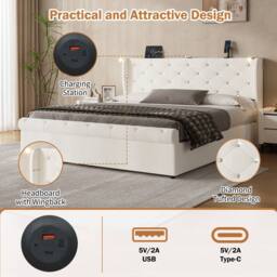 BTM Ottoman Velvet Storage Bed with USB & Reading Light in Light Beige - Size: King - thumbnail 8