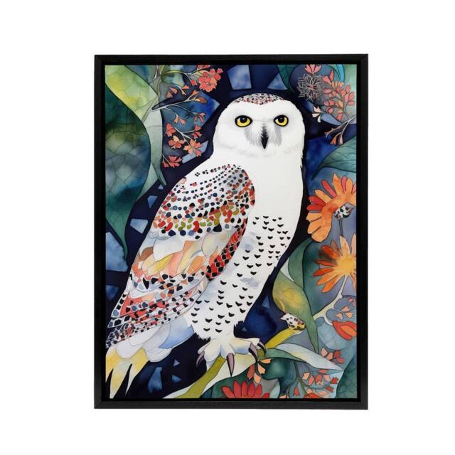 "Artery8 Snowy Owl On Blooming Tree Folk Art Framed Canvas Wall Art Print - Size: W12"" x H16""" - image 1
