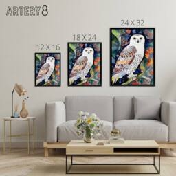 "Artery8 Snowy Owl On Blooming Tree Folk Art Framed Canvas Wall Art Print - Size: W12"" x H16""" - thumbnail 4