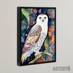 "Artery8 Snowy Owl On Blooming Tree Folk Art Framed Canvas Wall Art Print - Size: W12"" x H16""" - thumbnail 2