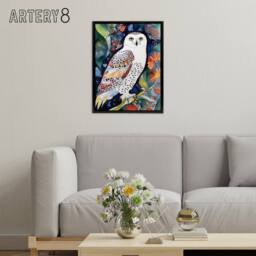 "Artery8 Snowy Owl On Blooming Tree Folk Art Framed Canvas Wall Art Print - Size: W12"" x H16""" - thumbnail 3