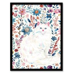 "Artery8 Turkish Angora & Floral Pattern White Cat Lover Framed Wall Art - Size: W12"" x H16""" - thumbnail 1