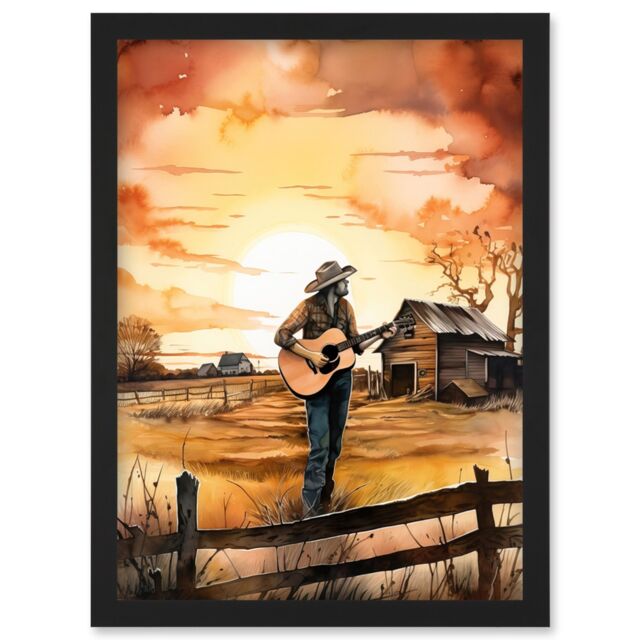 Artery8 Man Playing Country Music Guitar in Countryside Farm on Sunset Modern Watercolour Painting Artwork Framed Wall Art Print A4 in Black - image 1