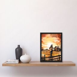 Artery8 Man Playing Country Music Guitar in Countryside Farm on Sunset Modern Watercolour Painting Artwork Framed Wall Art Print A4 in Black - thumbnail 2