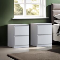 FWStyle Matt White Set Of 2 Bedside Table Chest Scratch Resistant Deep Drawer - thumbnail 1