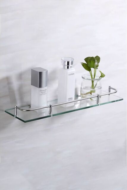 Living and Home 60cm Glass Shelf Tempered Glass 6MM Thick Storage Organizer Wall Mounted Bathroom in Silver - image 1