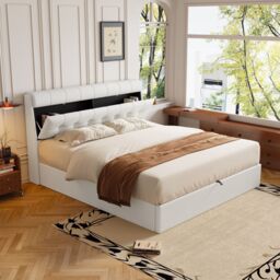 Matteo Upholstered King Bed with Hydraulic Storage, Concealed Headboard in Cream - Size: Double - thumbnail 4
