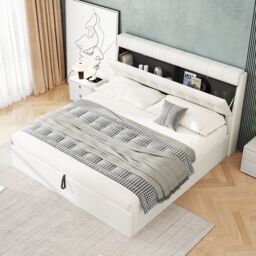 Matteo Upholstered King Bed with Hydraulic Storage, Concealed Headboard in Cream - Size: Double - thumbnail 2