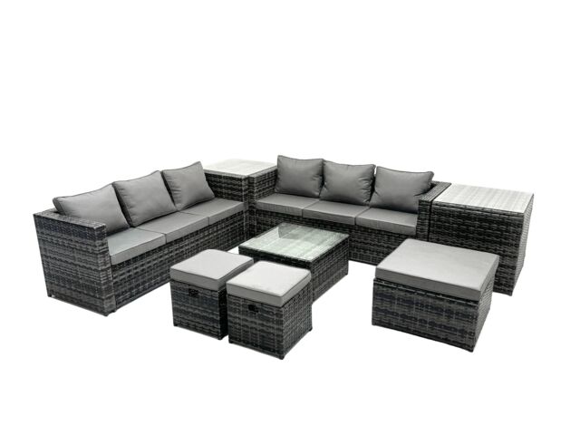 Fimous 9 Seater Patio Lounge Sofa Set with 2 Side Table 3 Footstools in Dark Grey - image 1