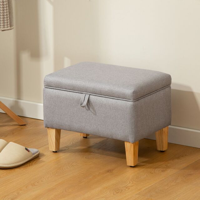 HOMCOM Linen Storage Ottoman Storage Box with Rubberwood Legs, Light Grey - image 1