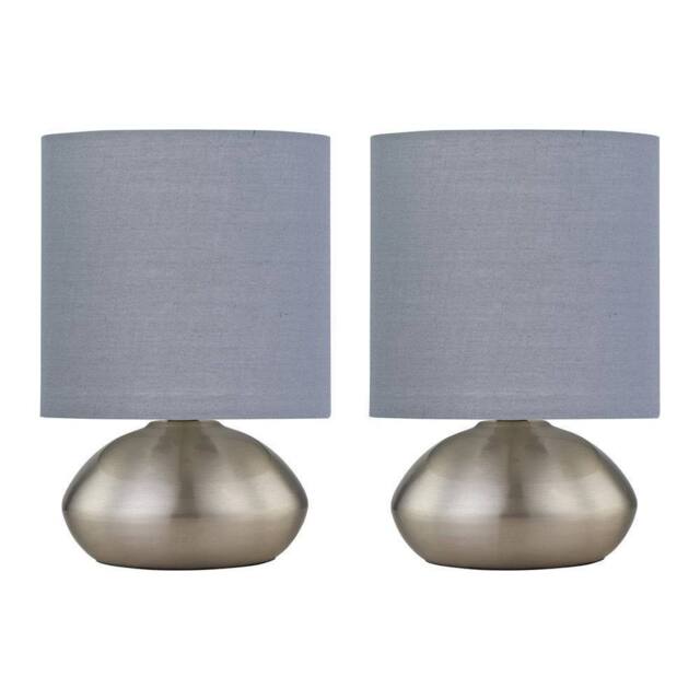 First Choice Lighting Set of 2 Jenson - Brushed Chrome Touch Table Lamps Grey Cotton Shade in Silver - image 1