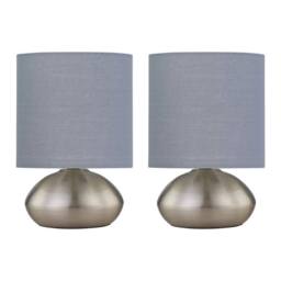 First Choice Lighting Set of 2 Jenson - Brushed Chrome Touch Table Lamps Grey Cotton Shade in Silver - thumbnail 1