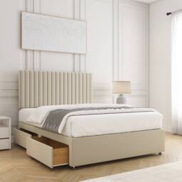 "BSSPOKE Brooke Velvet Divan Bed Set 24""Headboard 2Drawers Same side & Mattress in Cream - Size: Small Double"