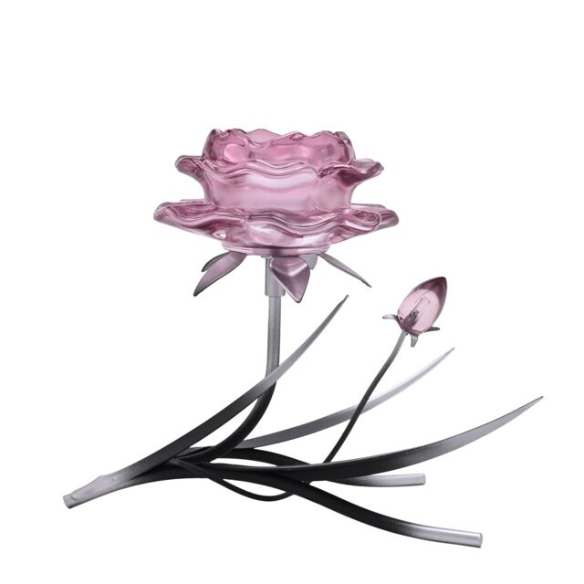Hestia Pink Glass Rose Single Candle Holder With 2 Tone Black & Silver Base - image 1