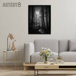 "Artery8 Full Moon Over Misty Forest Landscape Framed Canvas Wall Art Print in Grey - Size: W12"" x H16""" - thumbnail 3