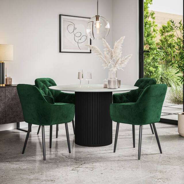 More4Homes Arlo White Marble Top W Black Leg + Anika Velvet Dining Chair Set Of 4 in Green - image 1