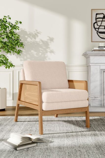 Living and Home White Teddy Fur Rattan Armrest Sofa Cushioned Armchair - image 1
