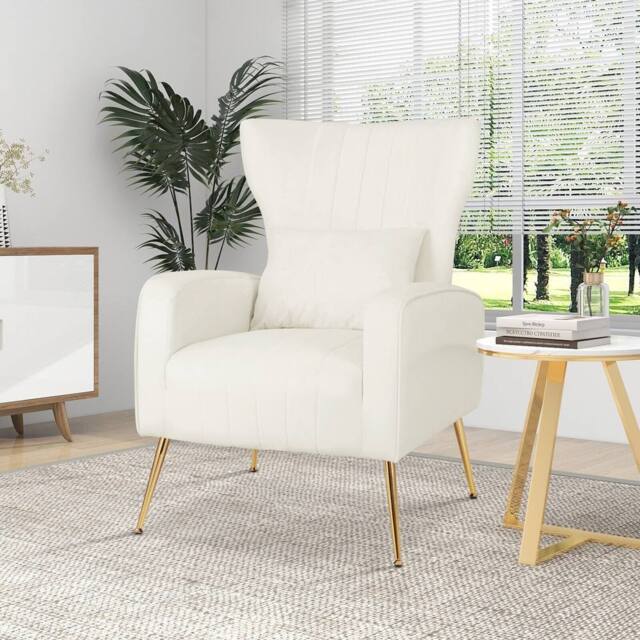 Costway Velvet Upholstered Wingback Chair Tufted Accent Armchair w/Pillow in White - image 1