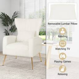 Costway Velvet Upholstered Wingback Chair Tufted Accent Armchair w/Pillow in White - thumbnail 7